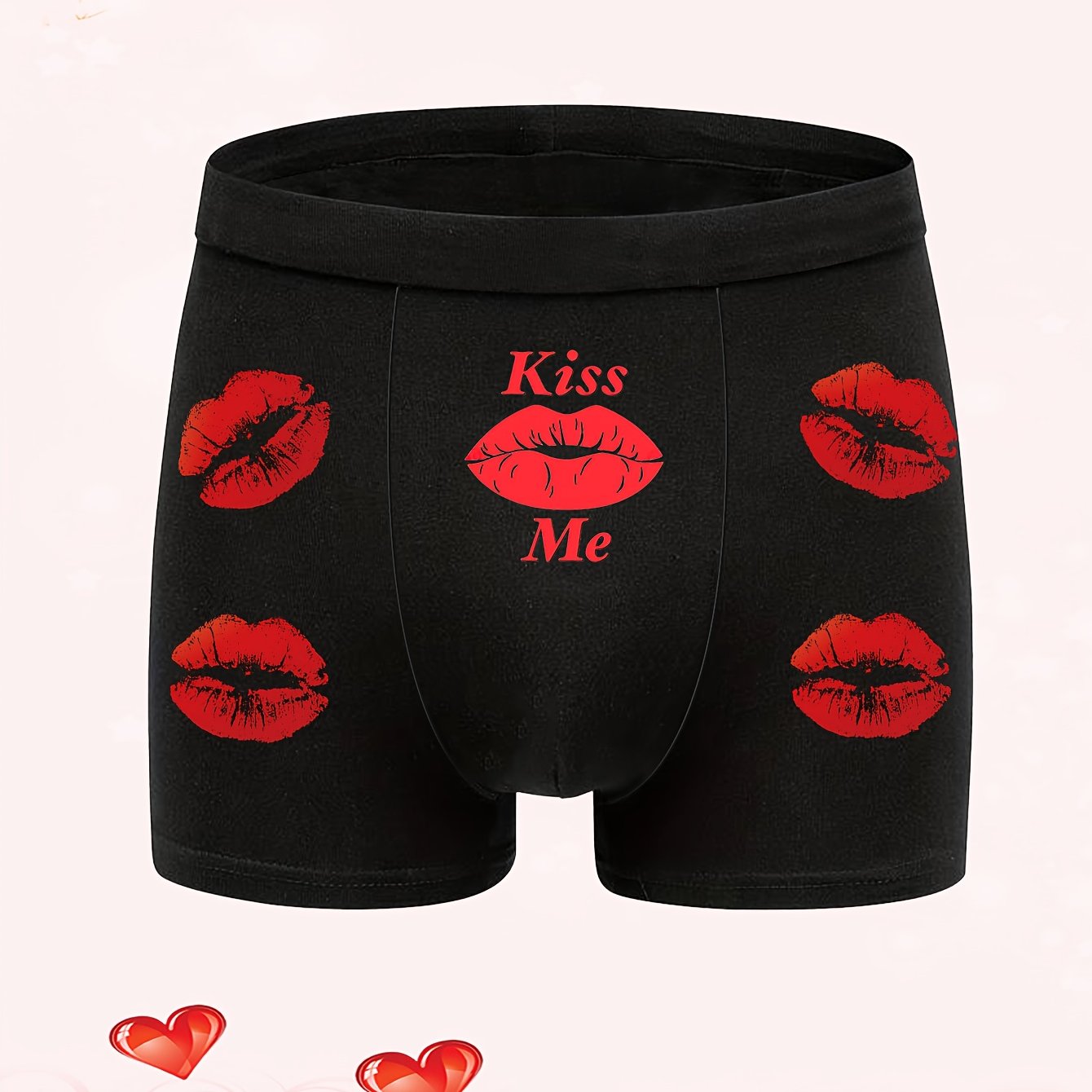 Men's Black Boxer Shorts with Red Lips and Letter Print for Valentine's Day