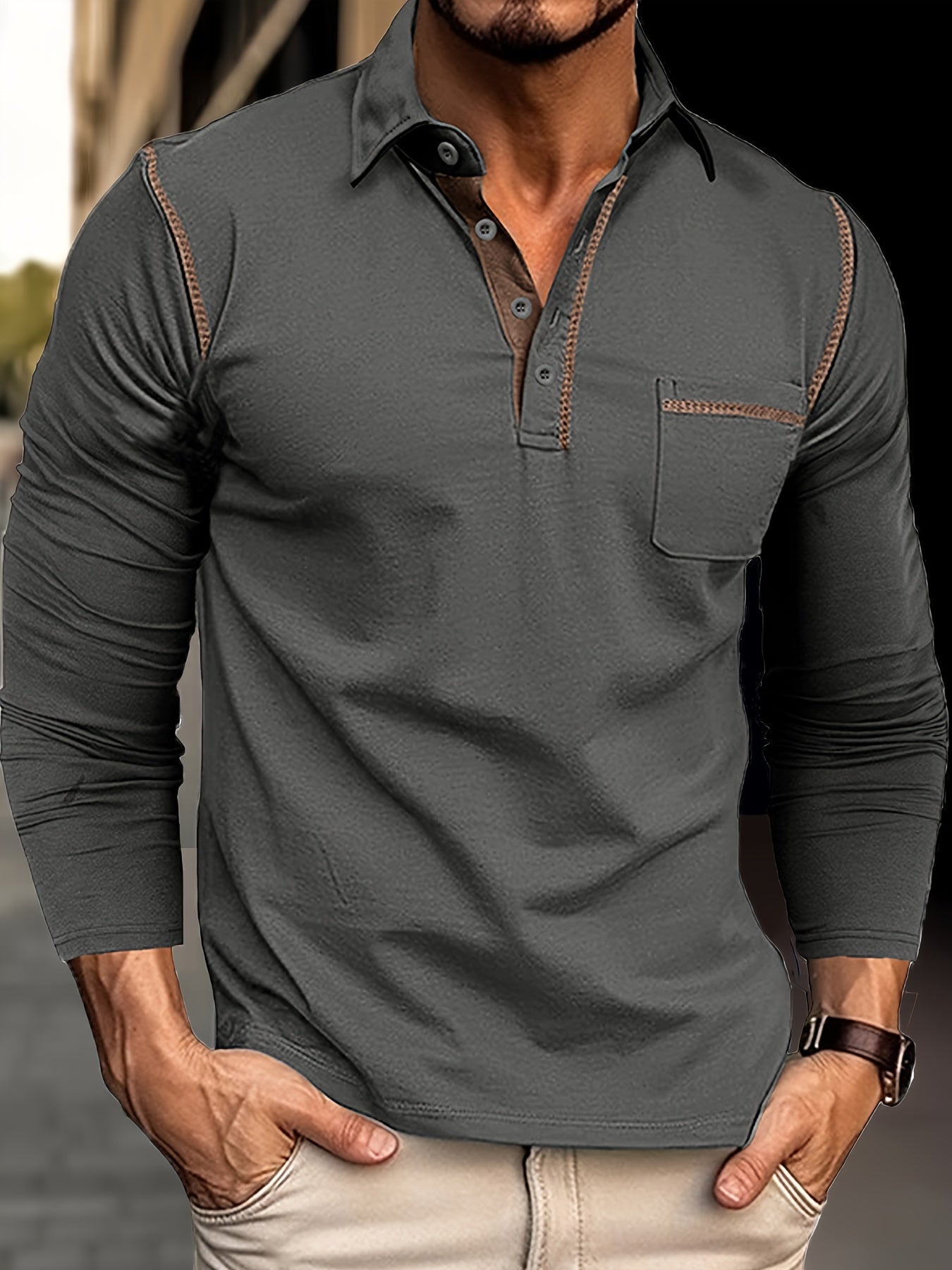 Camisa Henley de manga larga de talla grande para hombre con bolsillo en el pecho, punto de algodón y poliéster, para otoño y primavera