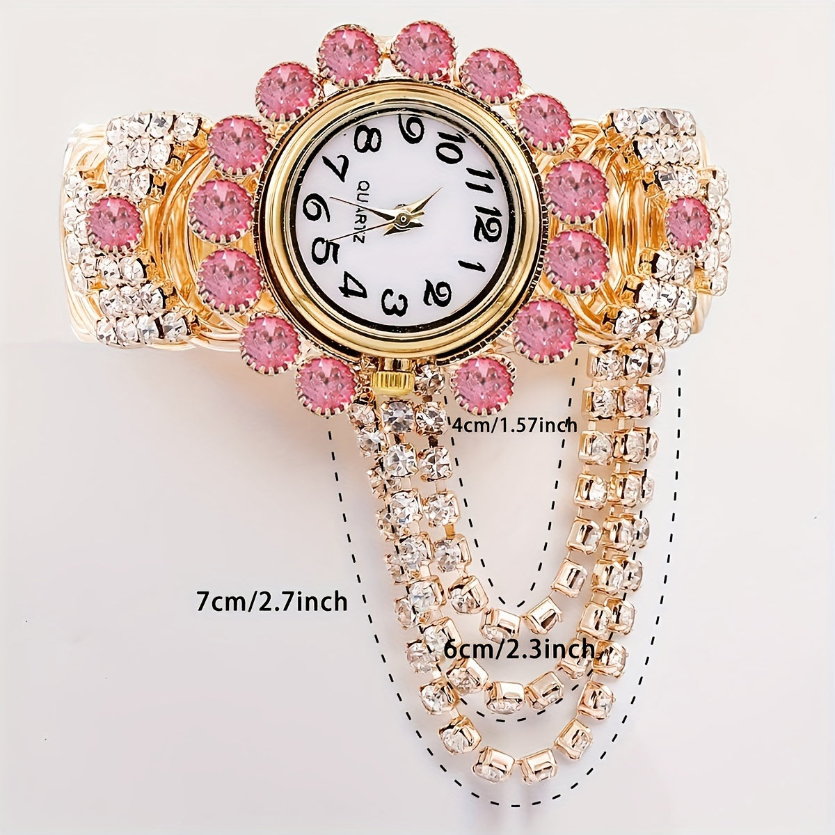 Reloj de pulsera de cuarzo para mujer con caja de aleación de zinc adornada con rhinestones y correa de tono dorado