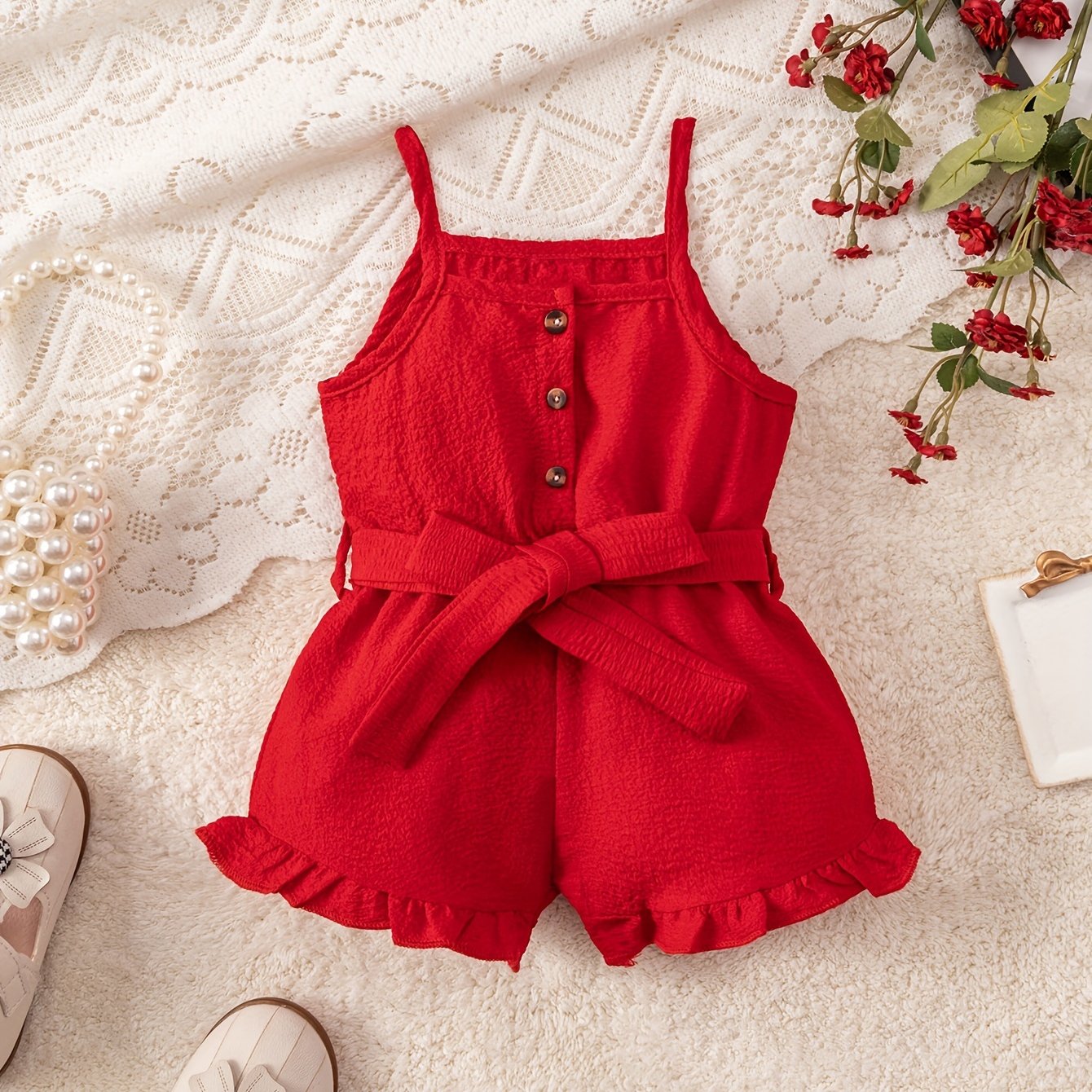 Baby Girl Bubble Romper Straps Solid Color All-Season with Belt for Toddler Learning to Walk