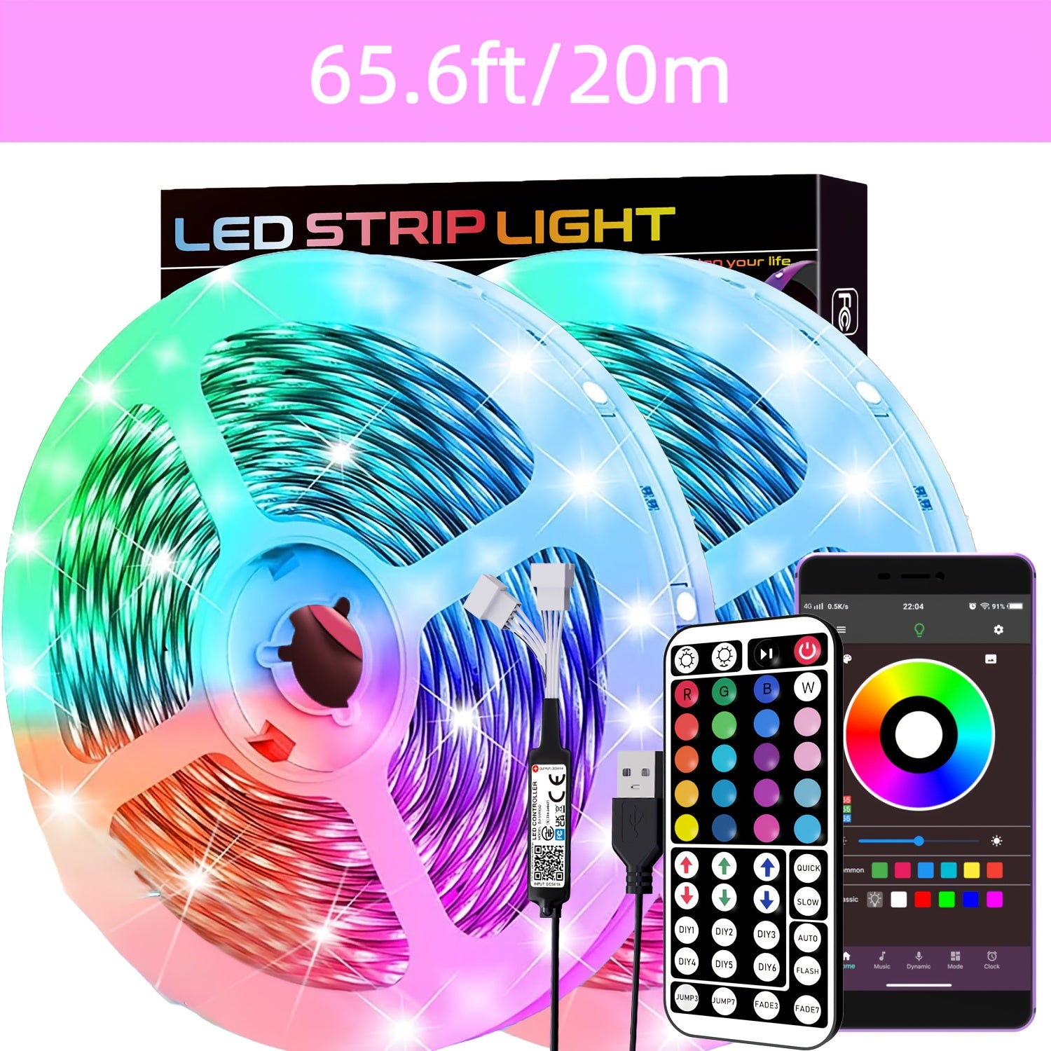 RGB LED Strip Lights with Music Sync, Adjustable Brightness, Remote Control, USB Powered for Bedroom Living Room Party Decor