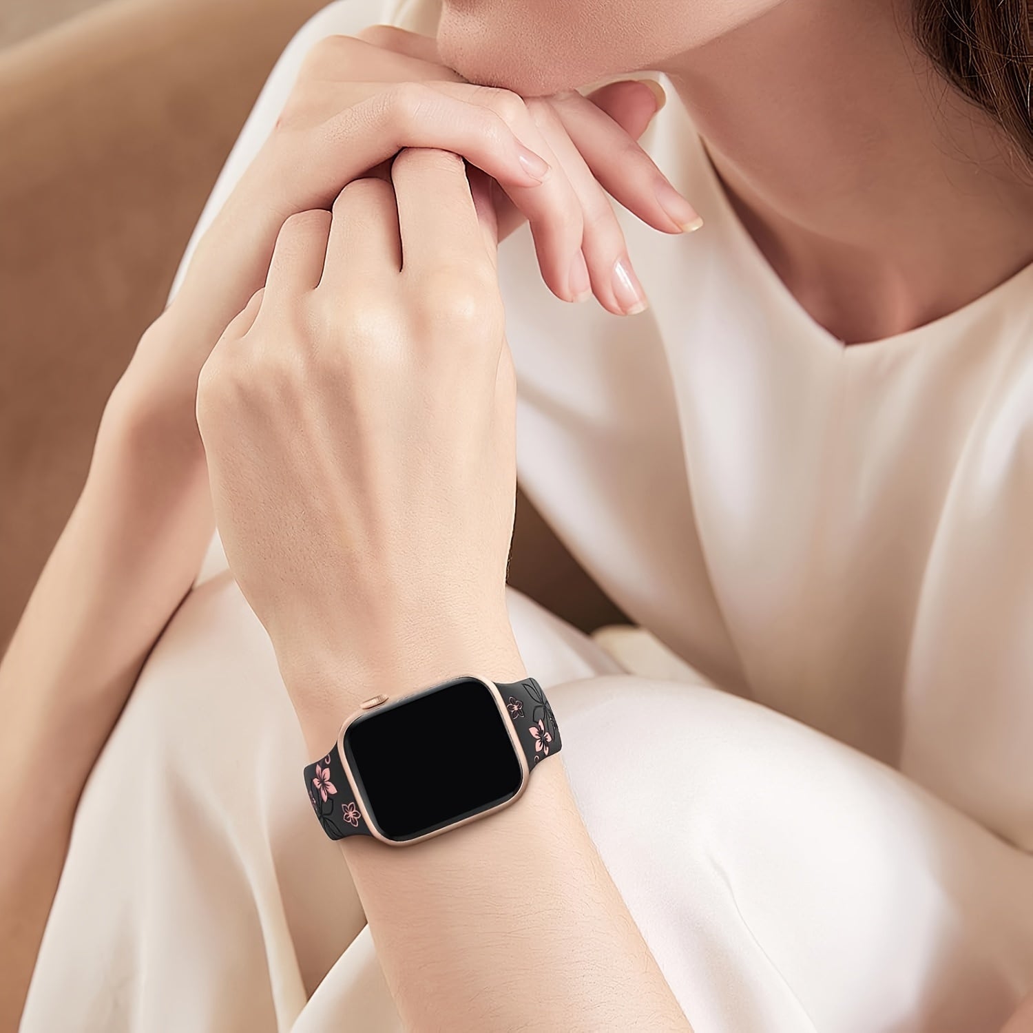 Waterproof Floral Silicone Watch Band with Butterfly Clasp for Apple Watch Series 1-10 SE in Multiple Colors