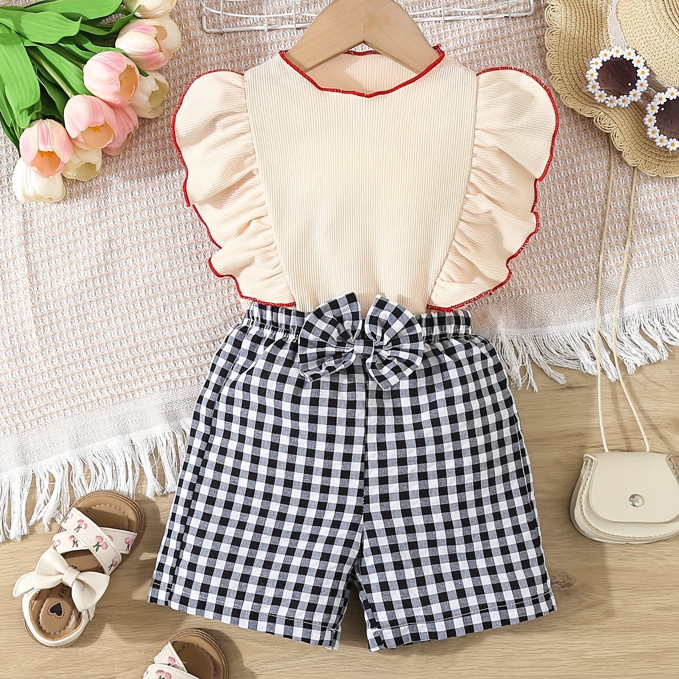 Conjunto de verano para niñas: blusa sin mangas de cuadros y pantalones cortos a cuadros para niños