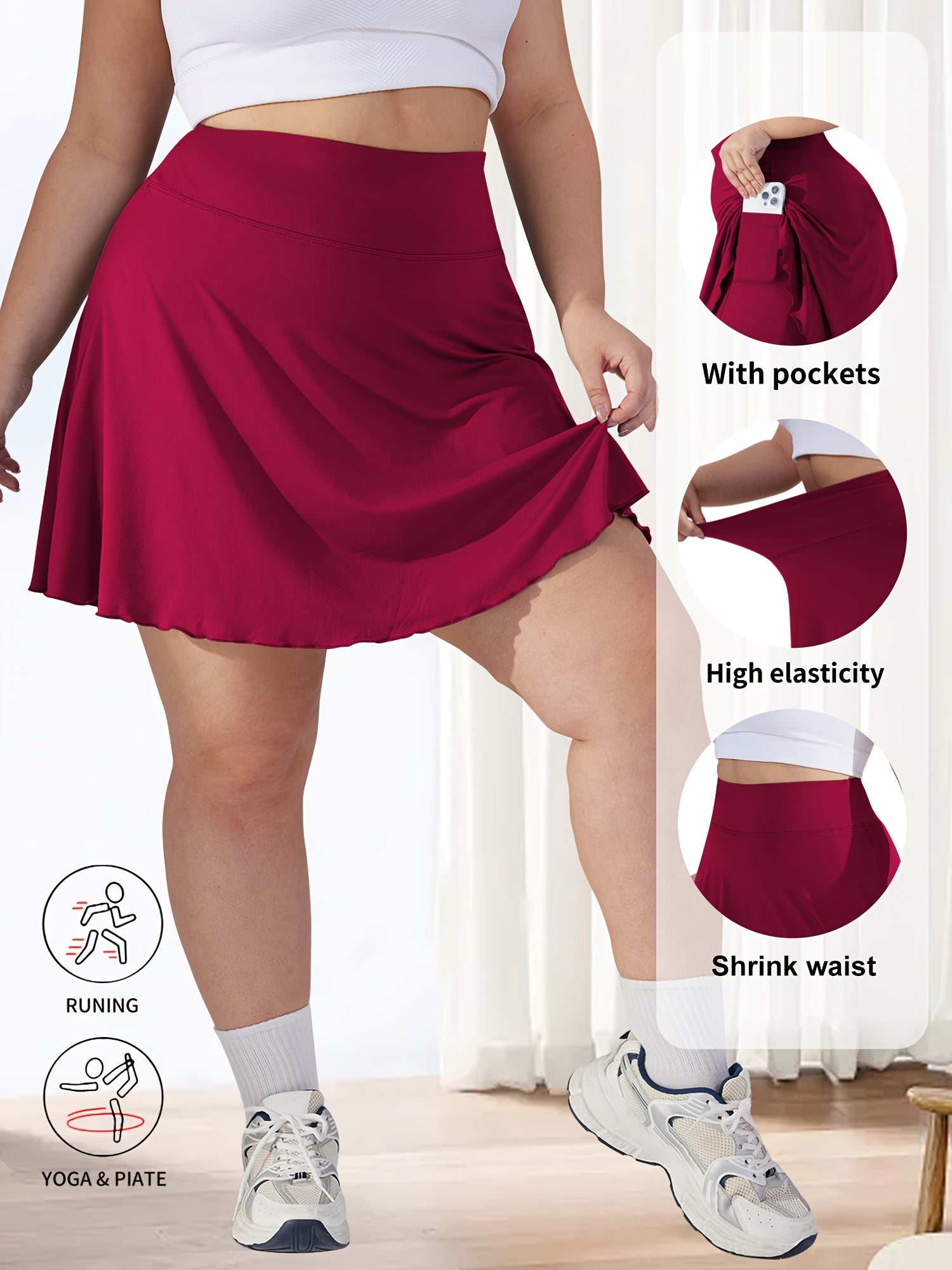 Plus Size Women's Tennis Skirt with Pockets, Green, High Stretch, Athletic Fit