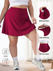 Plus Size Women's Tennis Skirt with Pockets, Green, High Stretch, Athletic Fit