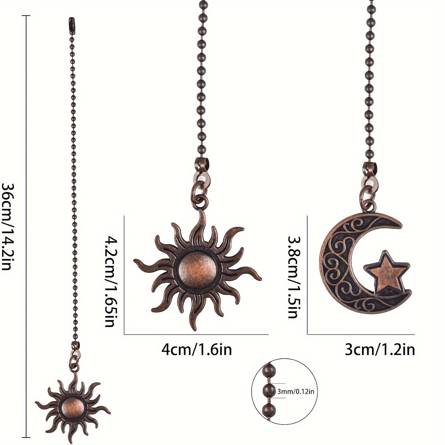2PCS Bohemian decorative totem ceiling fan pull chain extension set 12 inches beaded ball moon sun