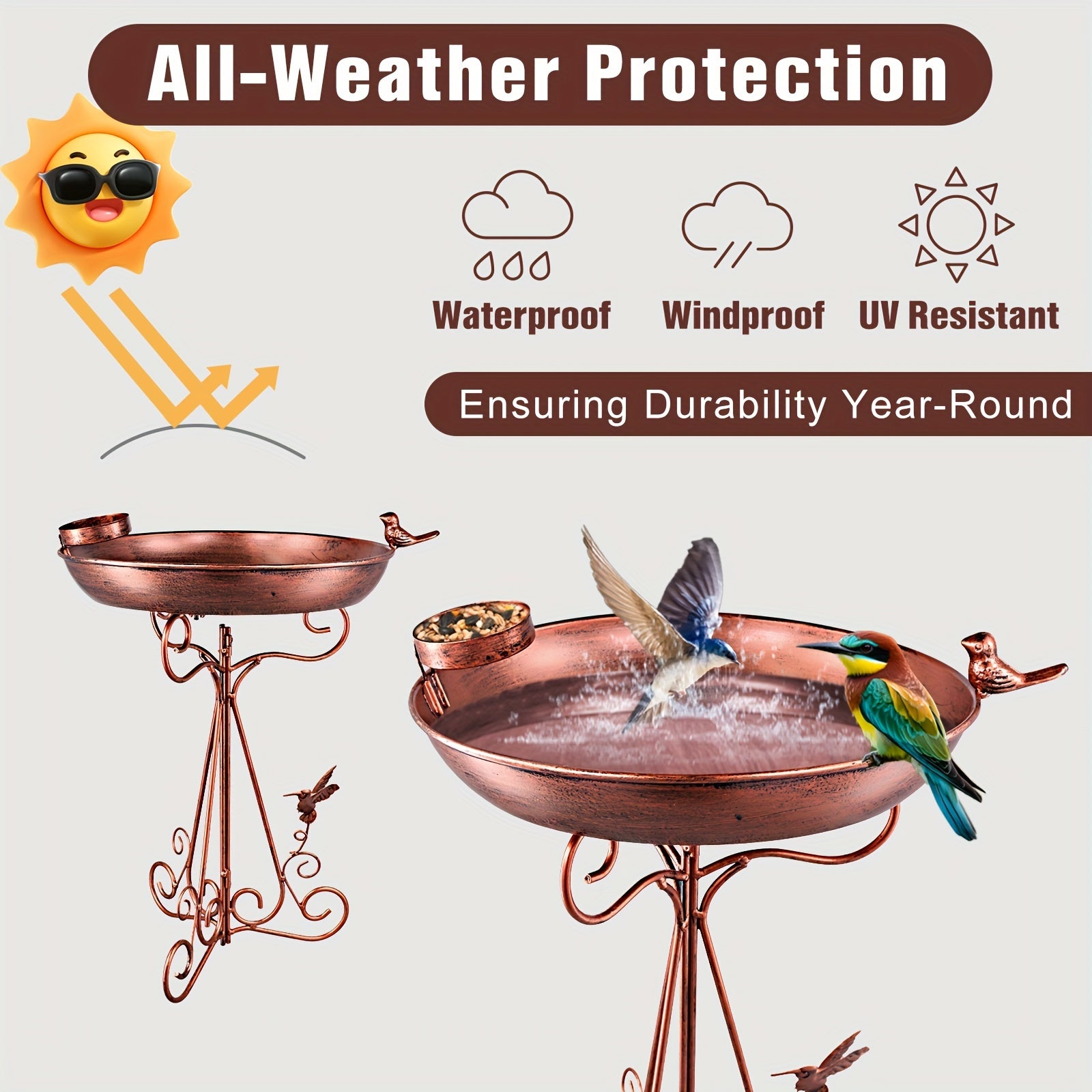 Vintage qush vannasi stendi, 12 dyuymli metall idish va tashqi foydalanish uchun ajratiladigan egiluvchan temir asos bilan qushlarni oziqlantirish stansiyasi sifatida.