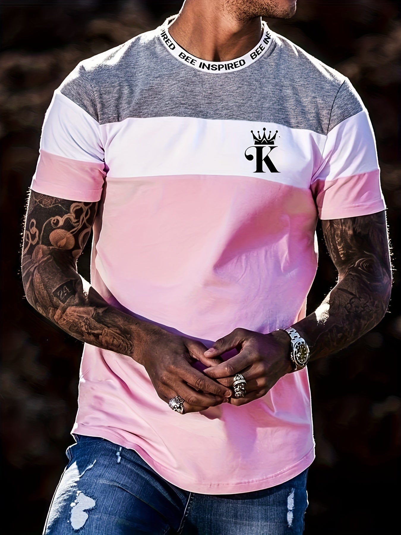 Men's Oversized Summer T-Shirt with Stripe Graphic and Block Colors