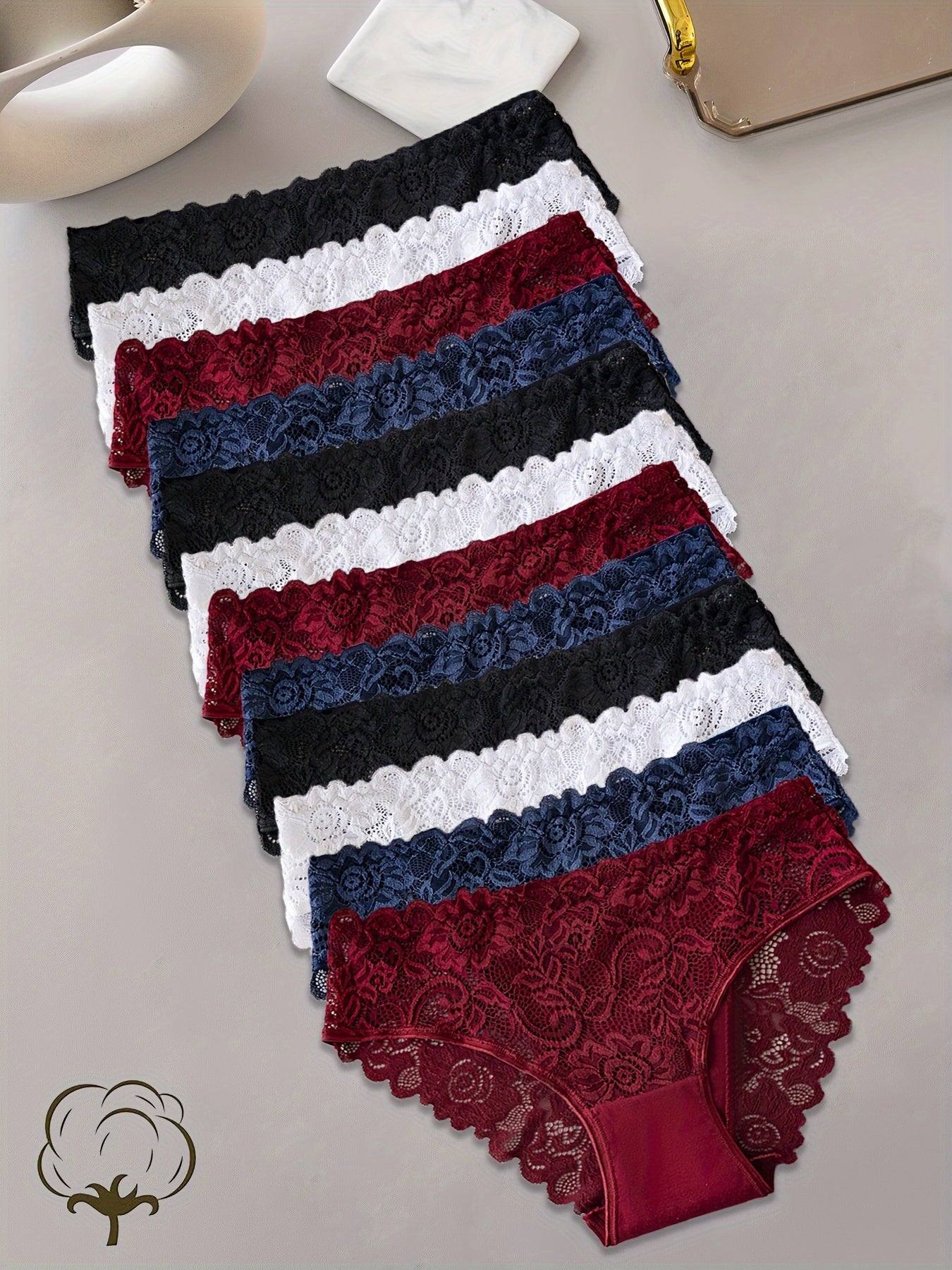 12pcs Women's Lace Patchwork Briefs with Floral Design Breathable Mid-Rise Underwear in Assorted Colors