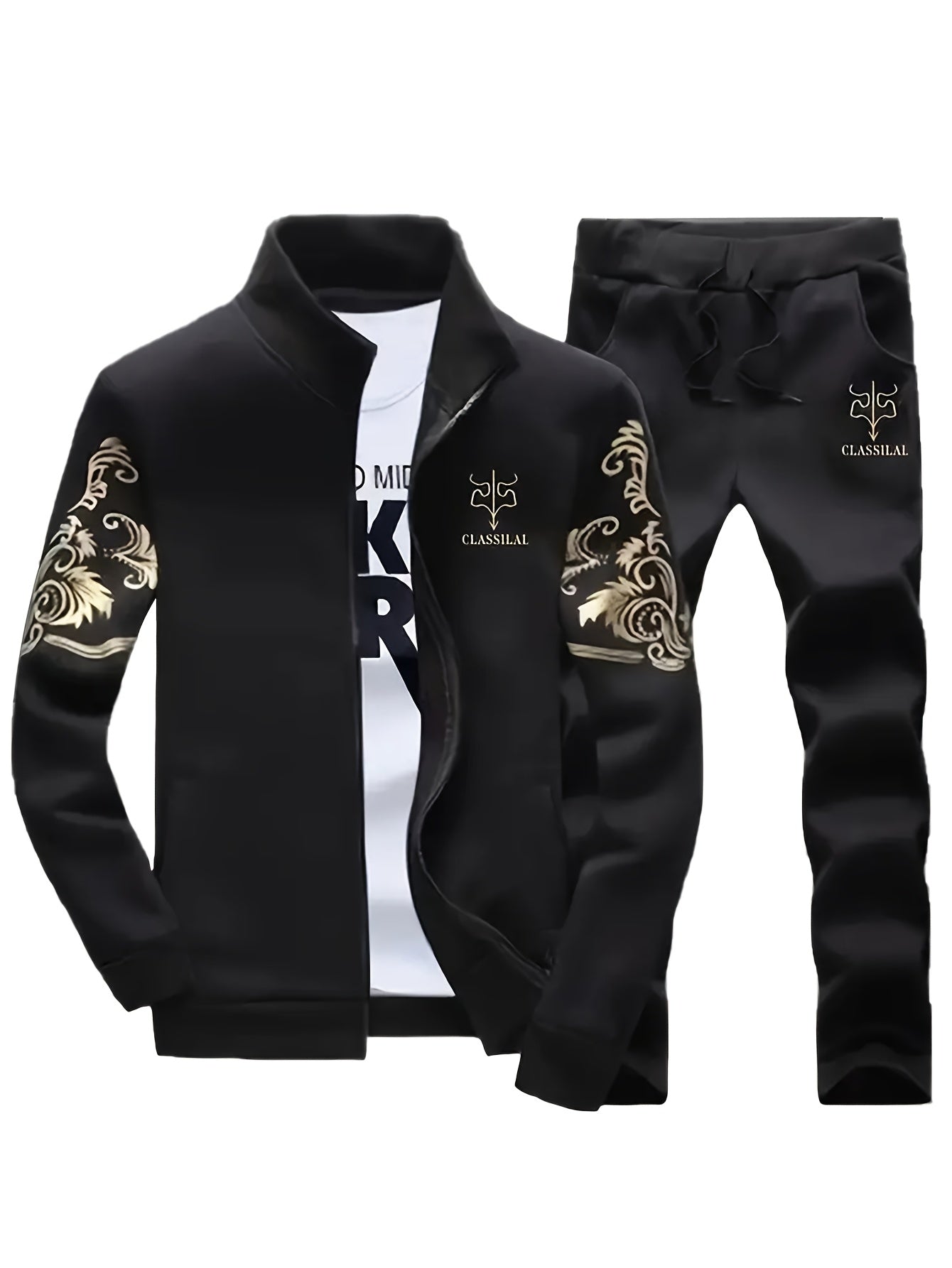 Men's Casual Sportswear Set Knit Polyester Stand Collar Zip-Up Jacket & Drawstring Pants