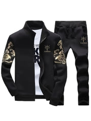 Men's Casual Sportswear Set Knit Polyester Stand Collar Zip-Up Jacket & Drawstring Pants