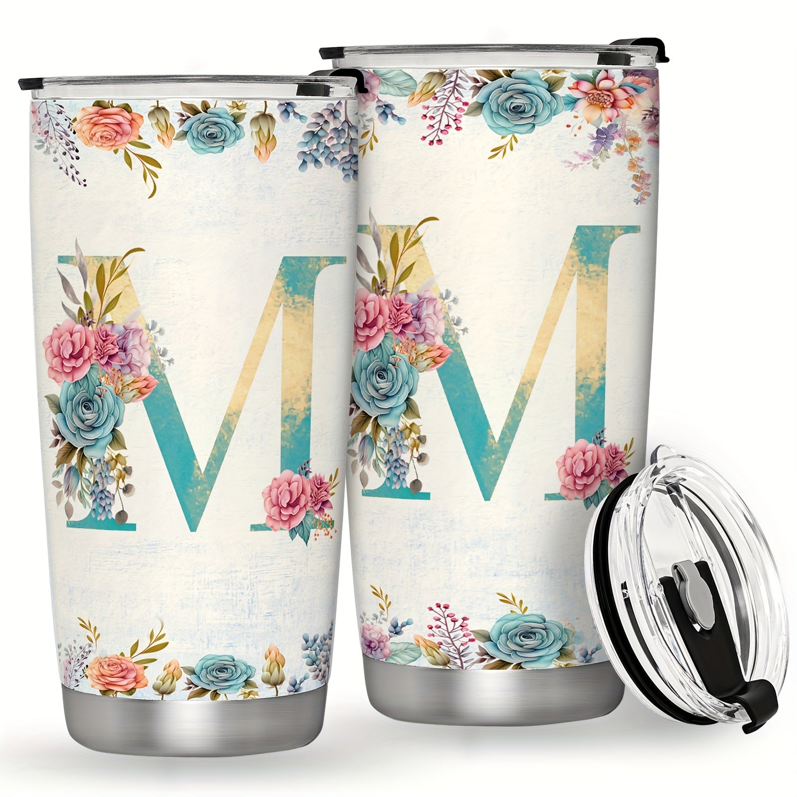 20oz Stainless Steel Tumbler with Monogram Floral Design Leak Proof Lid for Outdoor Use