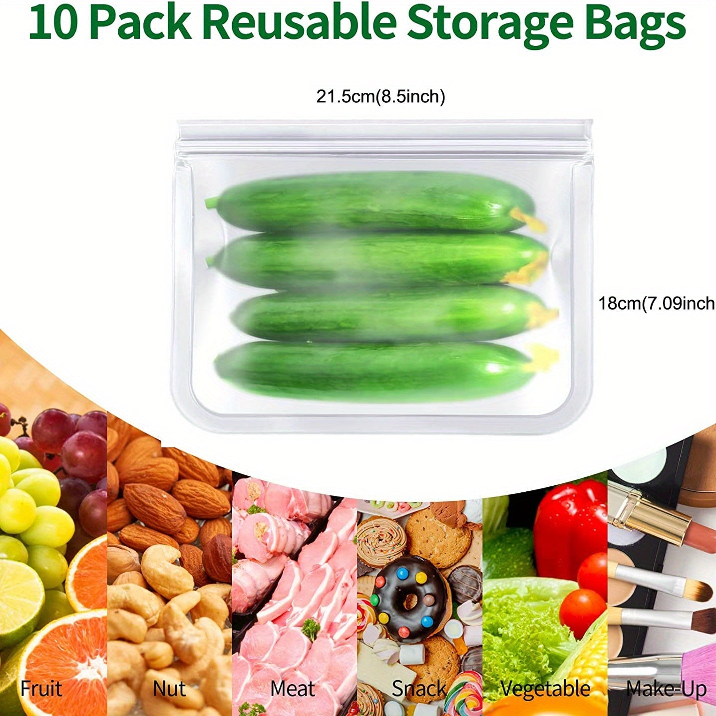 Reusable Silicone and Plastic Free Freezer Bags Set of 10 Leakproof BPA-Free Food Storage Bags for Meat Snacks and Organizing