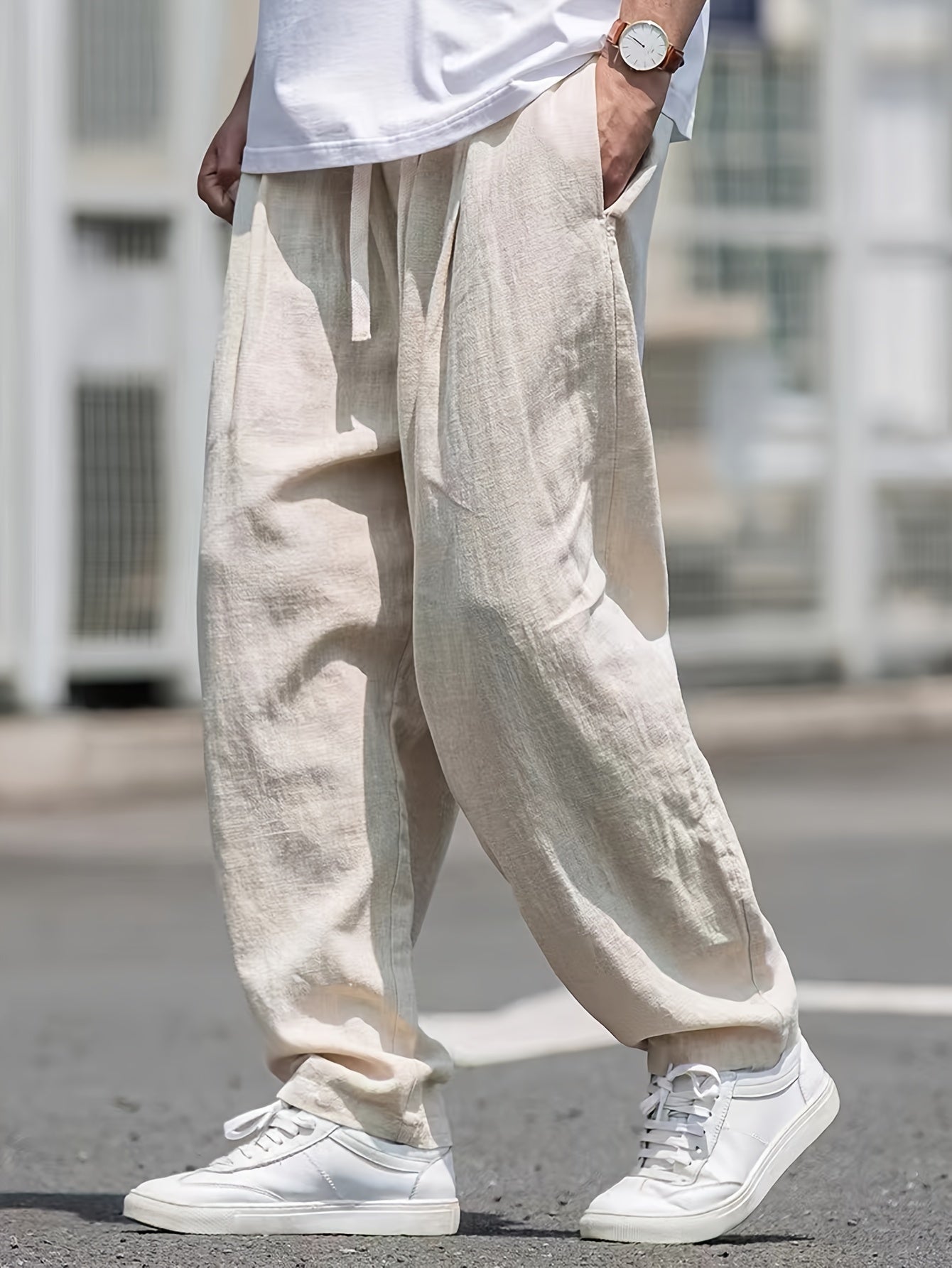 Men's Linen Drawstring Trousers Casual Loose Fit Solid Color All-Season