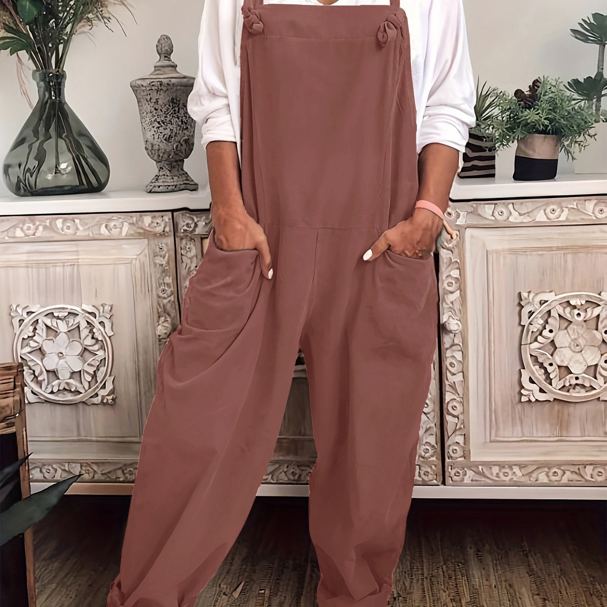 Plus Size Women Solid Knot Overall Jumpsuit Casual Summer Spring