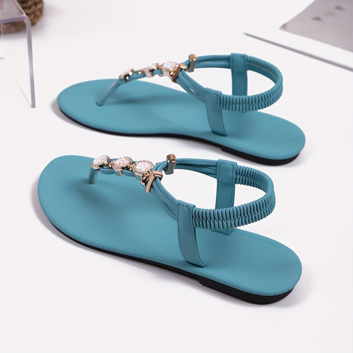 Women's Flat Sandals Rhinestone Embellishments Strappy Back Split Toe