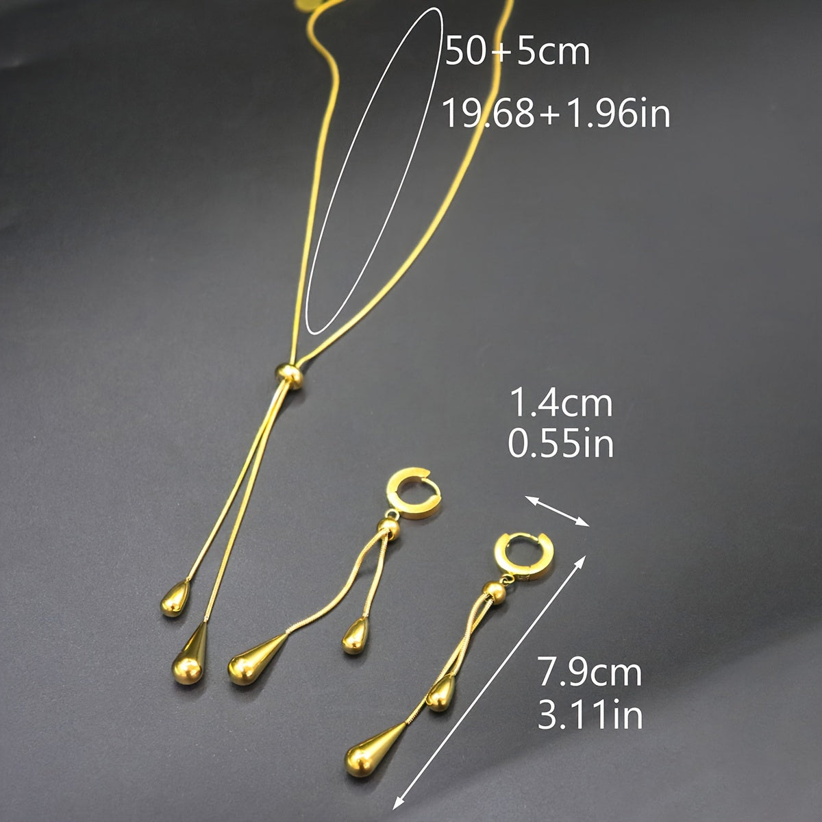 3-ta bo'lakli zargarlik to'plami: suv tomchisi pendantsli taqinchoq va sirg'alar, oltin qoplangan titan po'lat, gipoallergik, vintage