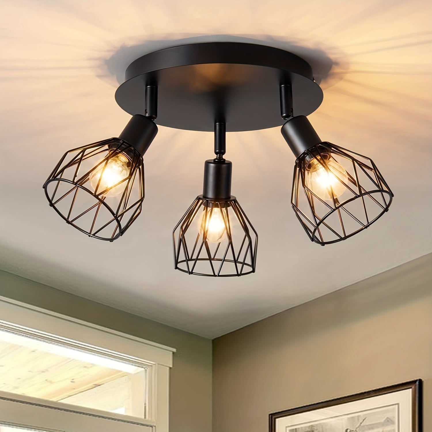Black Metal Ceiling Light Fixture with Rotating Geometric Shades for Kitchen Dining Porch Hallway