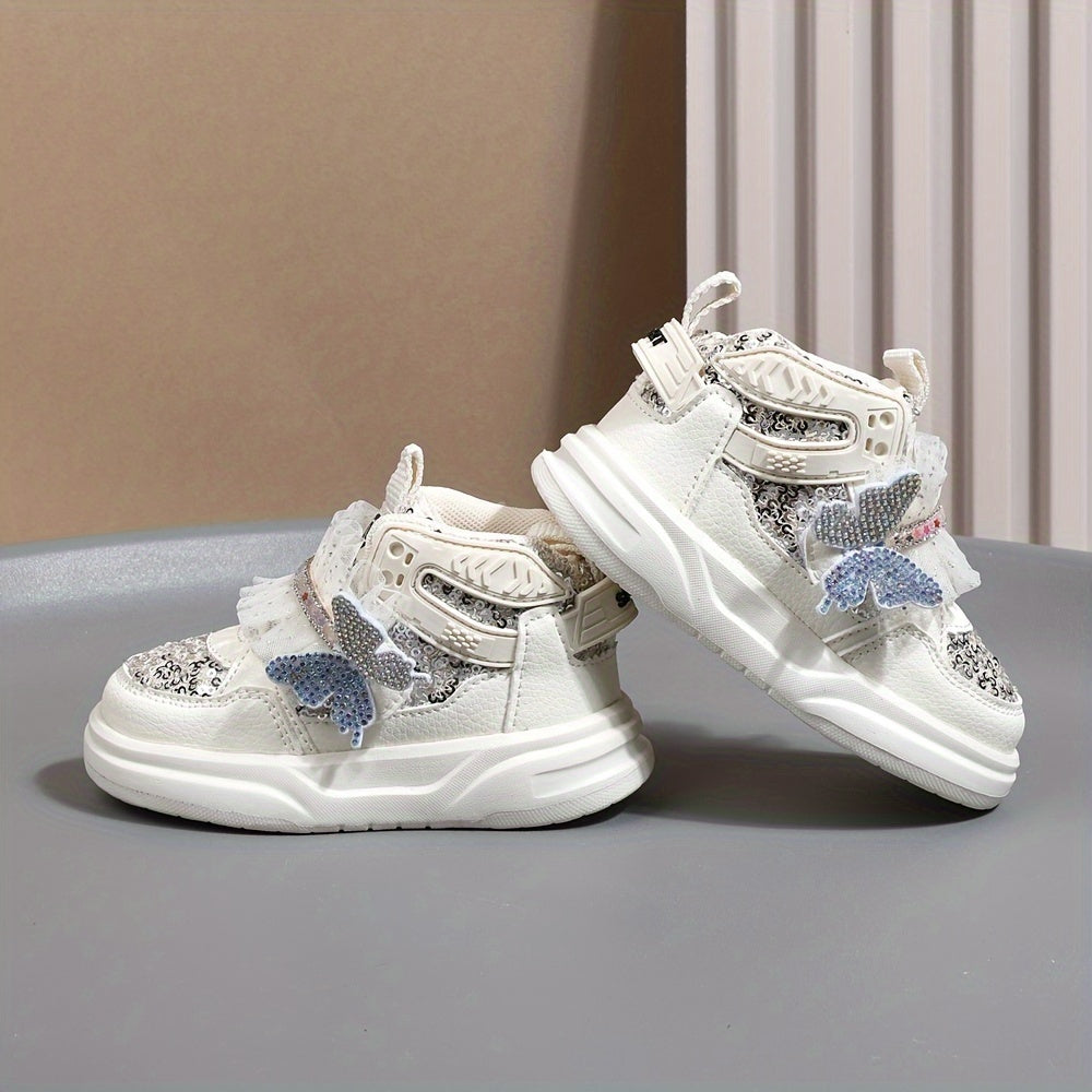 Girls' Mid-Top Sequin Rhinestone Bow Sneakers Casual Street Party Shoes