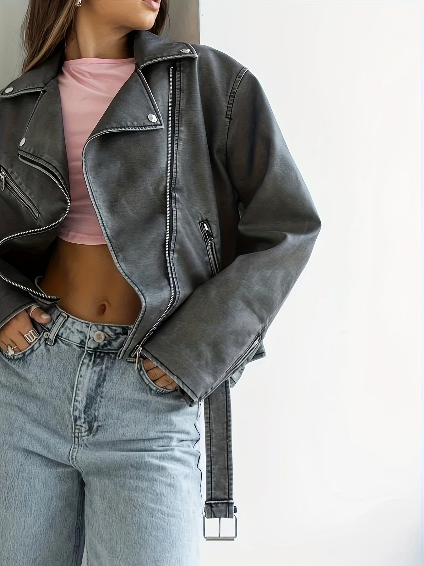 Women's Vintage Biker Jacket with Belted Lapel and Zipper Pockets