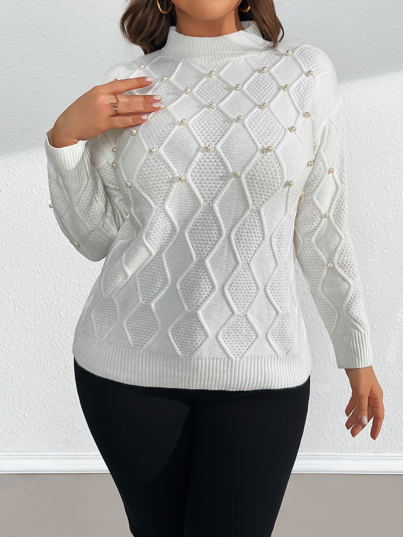 Women's Knit Sweater Long Sleeve Crew Neck Pearl Embellished Polyester Blend