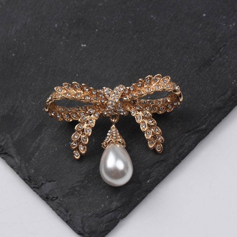 Luxury Brooch Enamel Wheat Bow Faux Pearl Autumn Winter Jacket Accessory