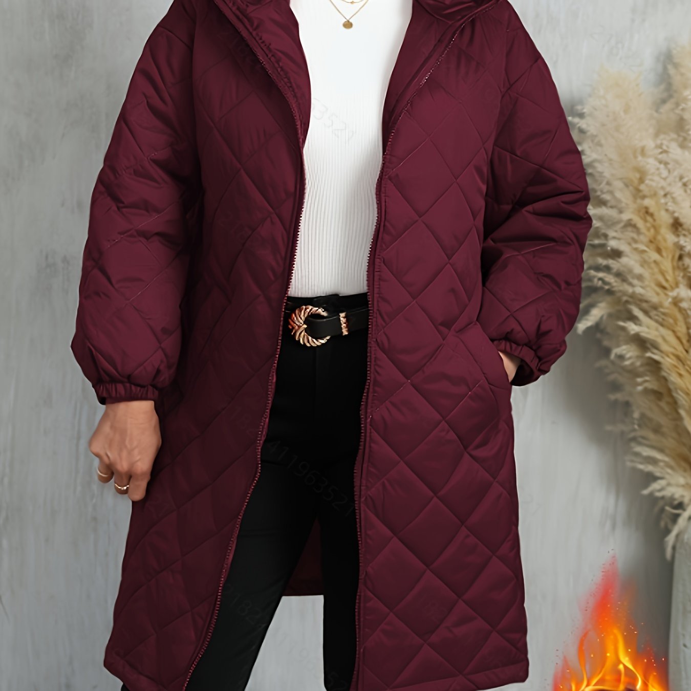 Plus Size Women's Quilted Hooded Coat for Fall Winter Solid Zip Up Outerwear
