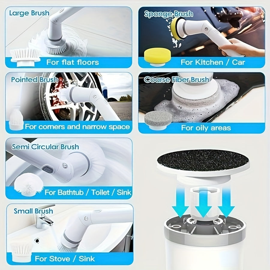 O'zgartiriladigan cho'tkali va sozlanadigan tutqichli hammom tozalash uchun simsiz elektr aylanuvchi tozalagich