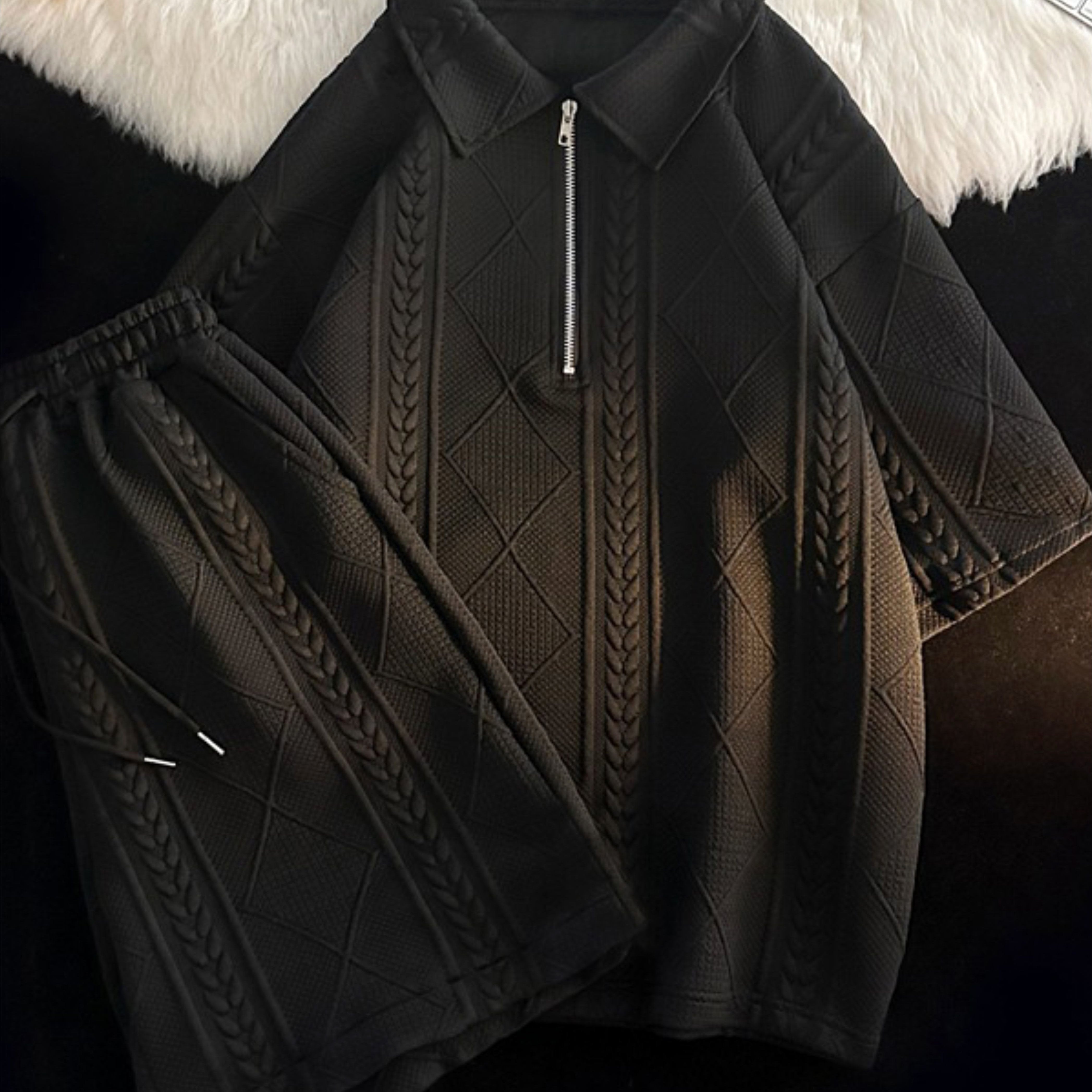 Men's Short Sleeve Jacquard Summer Suit Two-Piece Zipper Closure Casual