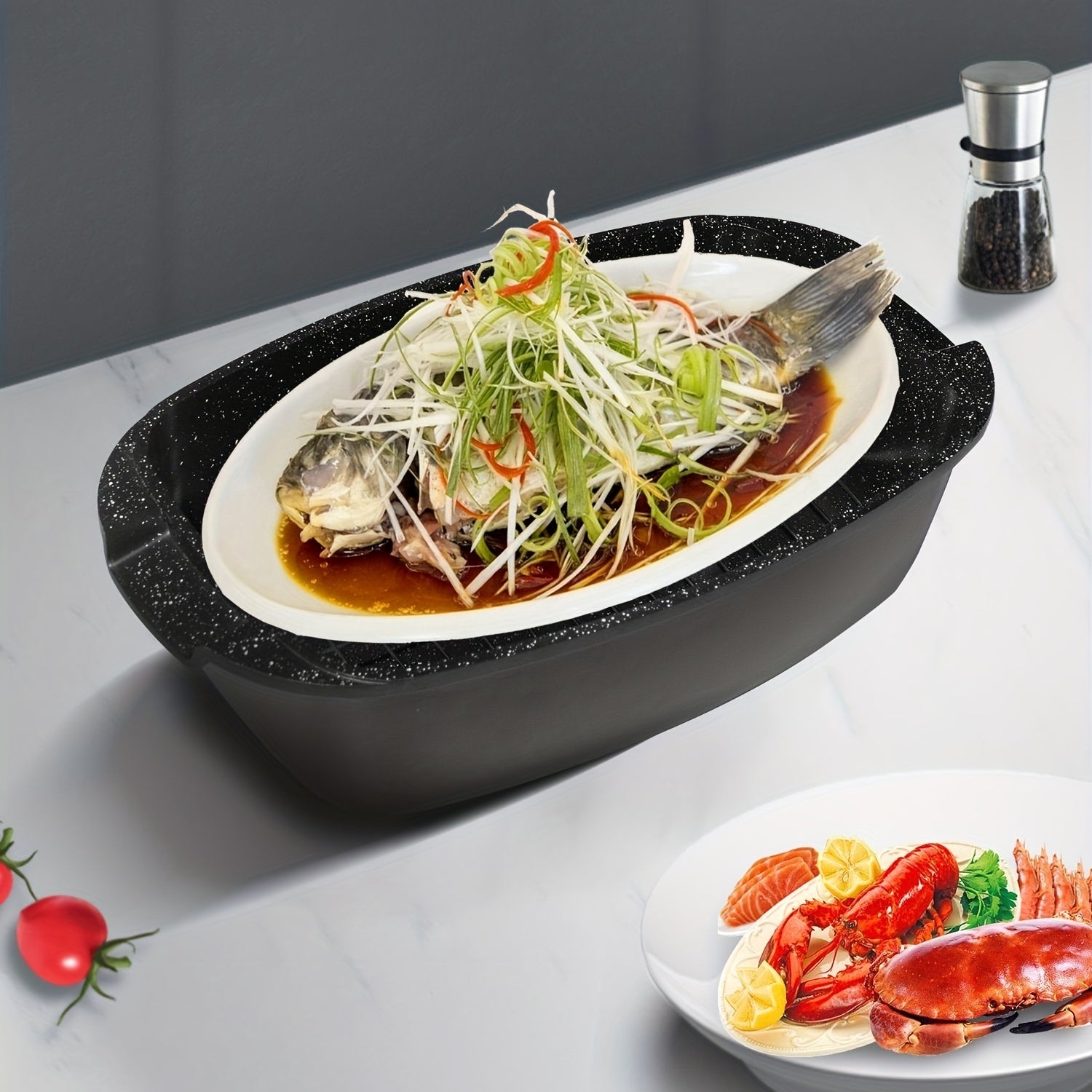 Qattiq anodlangan yopishqoq baliq pishiruvchi, bug' pishirgich bilan - baliq va dengiz mahsulotlari uchun oval qozon - induksiya, gaz va keramika plitalari bilan mos - qopqoq va pechda xavfsiz pishirish panasi bilan birga - 13 dyuymli alyuminiy oval