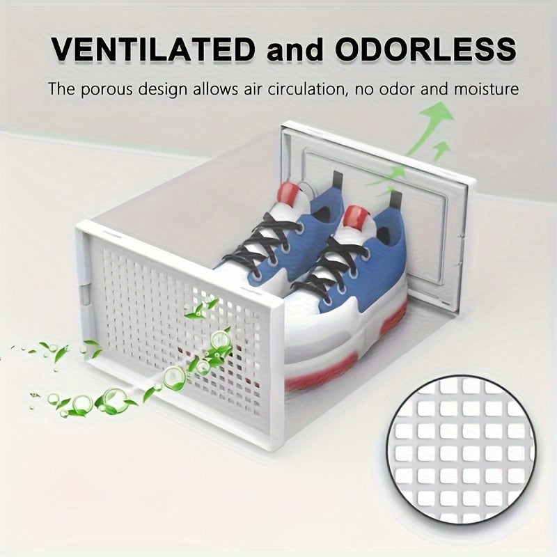 Shaffof, to'plamga joylashadigan va egiladigan poyabzal saqlash qutisi - Uy, yotoqxona yoki yotoq xonasi uchun joyni tejaydigan tashkilotchi - Oq yoki qora sport poyabzallari uchun mukammal.