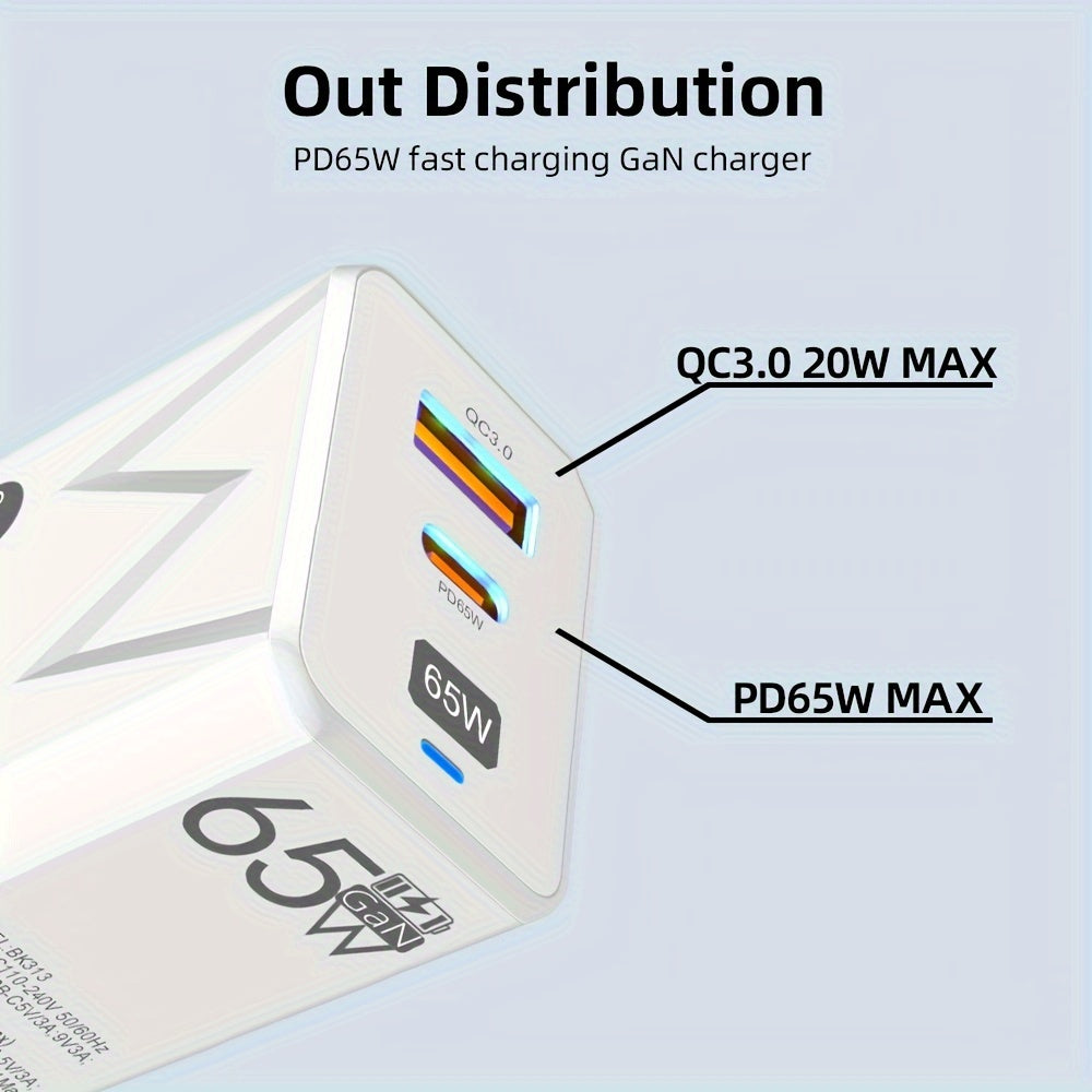 65W PD and 20W USB GaN Wall Charger EU Plug Fast Charging Portable Travel Power Adapter