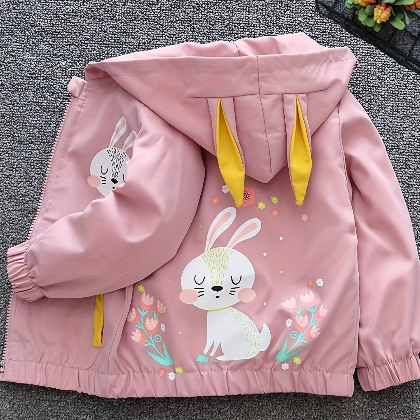 Girls' Hooded Coat with Rabbit and Flower Design for Spring and Fall Outdoor Activities