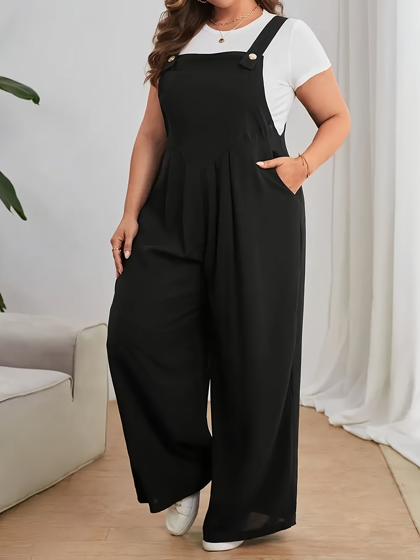 Pantalones de mono para mujer talla grande con bolsillos, tirantes ajustables y piernas anchas