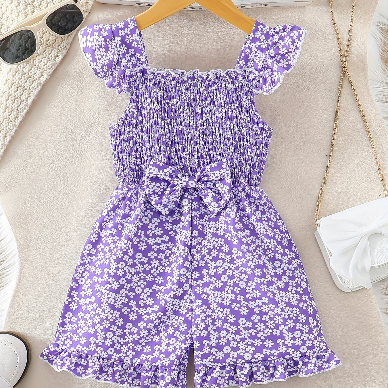 Girls Sleeveless Floral Jumpsuit with Ruffle and Bow for Summer Parties