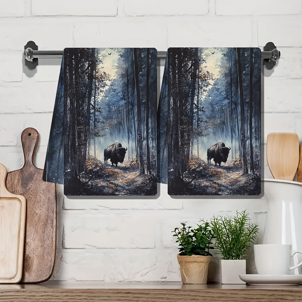 Ultra Soft Kitchen Towels Set of 2 Bison Woods Scene 40x60cm Absorbent