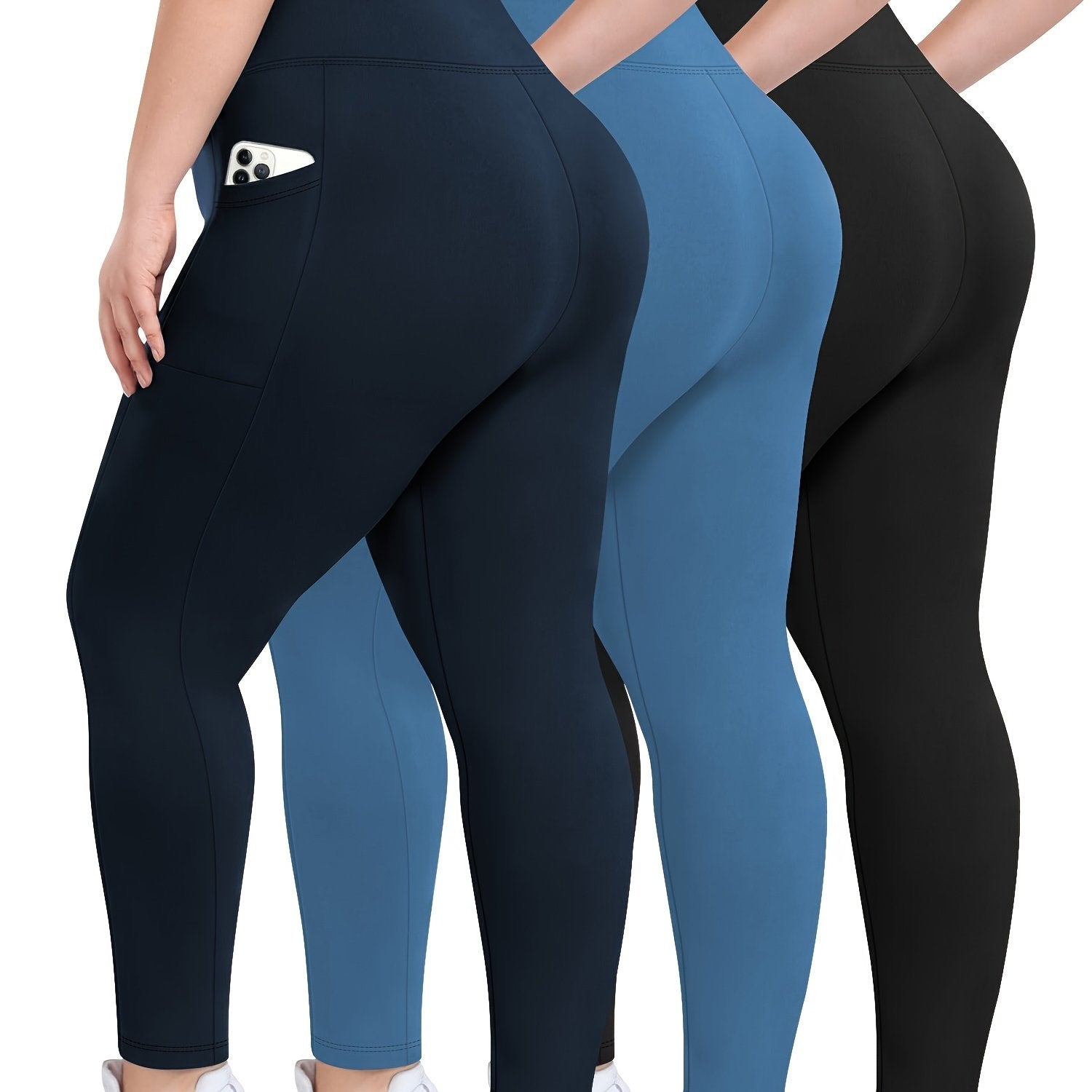 Women's Black High-Waisted Plus Size Yoga Leggings 3 Pack with Pockets