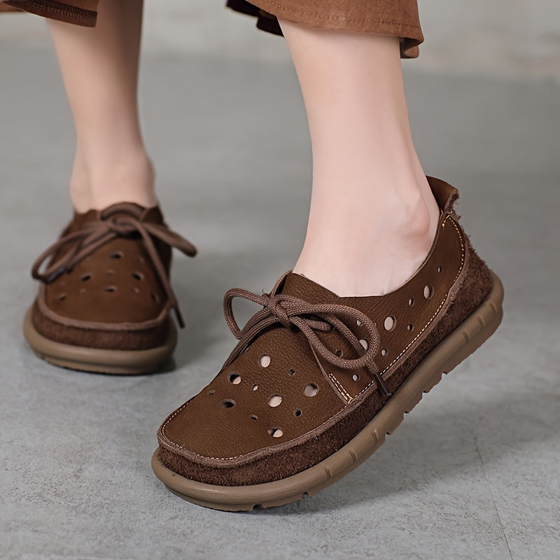 Women's Leather Loafers with Perforated Design and Rubber Sole Brown Summer Casual Shoes