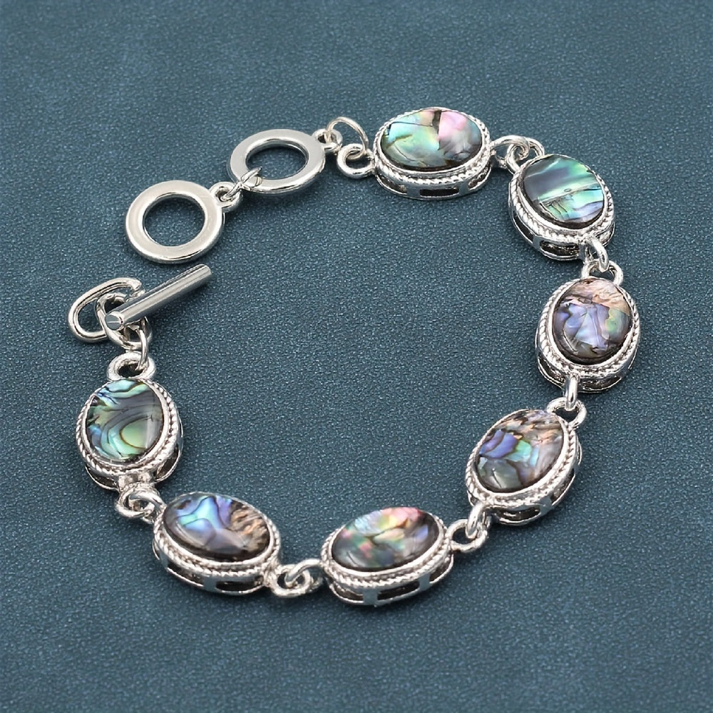 Vintage-Style Oval Abalone Shell Link Charm Bracelet for Women