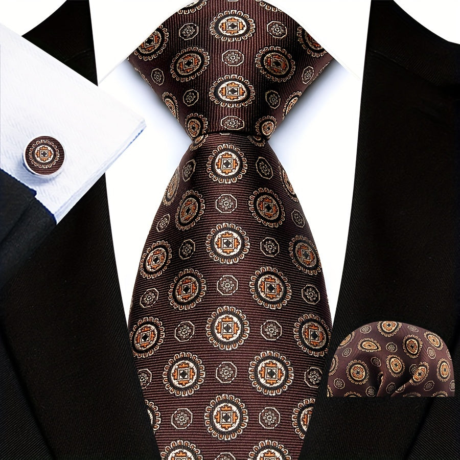 Men's Paisley Pattern Tie Set with Pocket Square and Cuffs for Business Formal