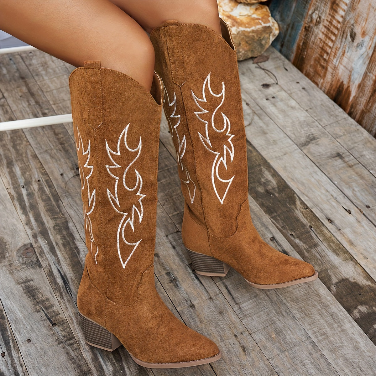 Women's Western Cowboy Riding Boots Knee-High Embroidered Leather