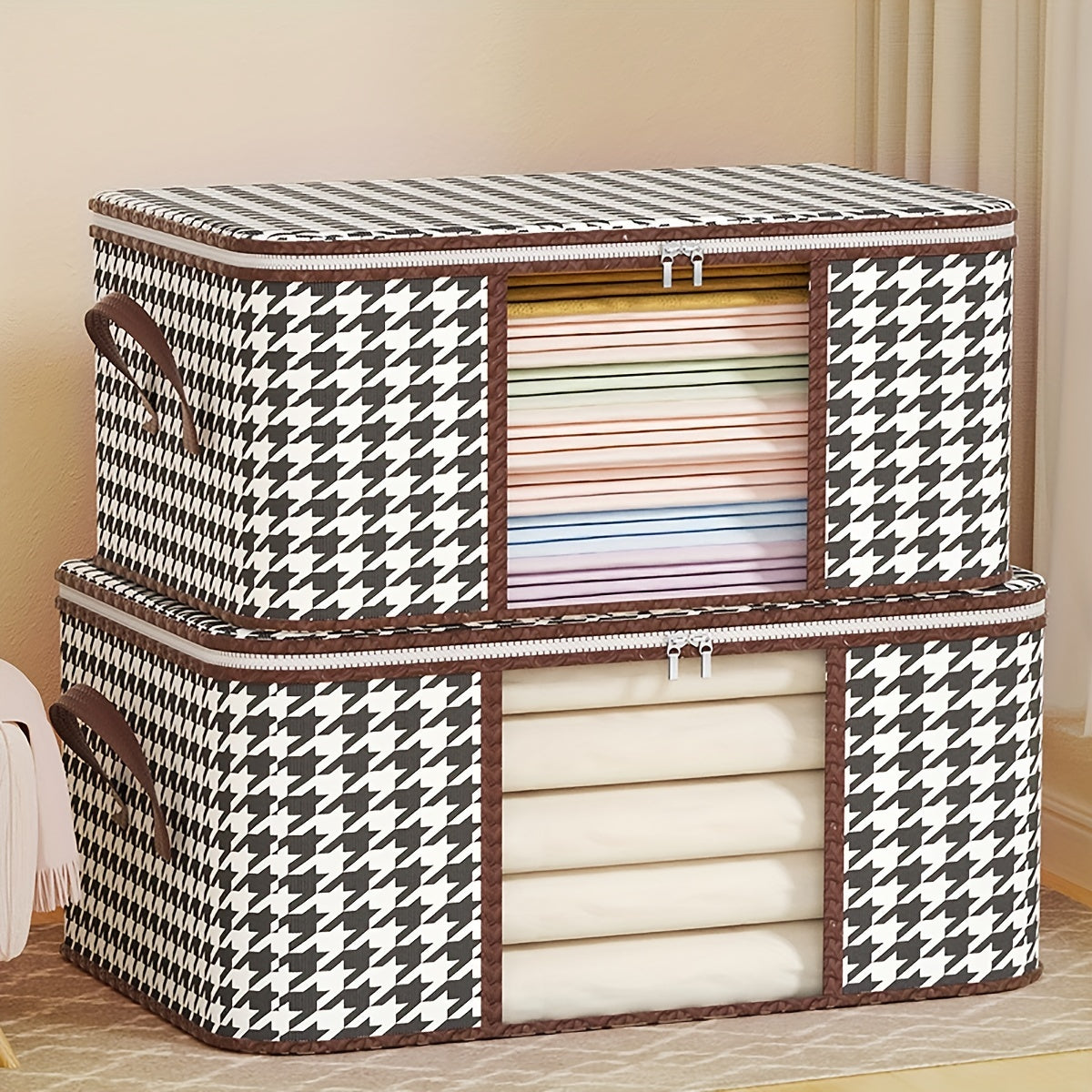 Houndstooth Pattern Clothes Storage Bag with Transparent Window Non-Woven Foldable Dustproof Organizer