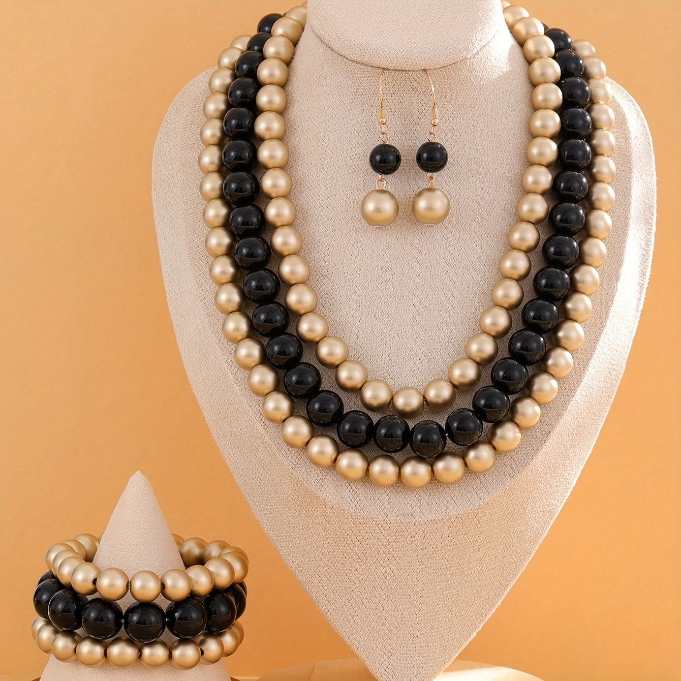 Matte Gold and Black Bead Jewelry Set for Women Necklace Bracelet Earrings Wedding Accessories