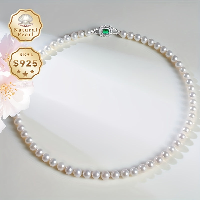 Women’s Freshwater Pearl Necklace 6.5-7.5mm Natural Lustrous Pearls with Silver Chain