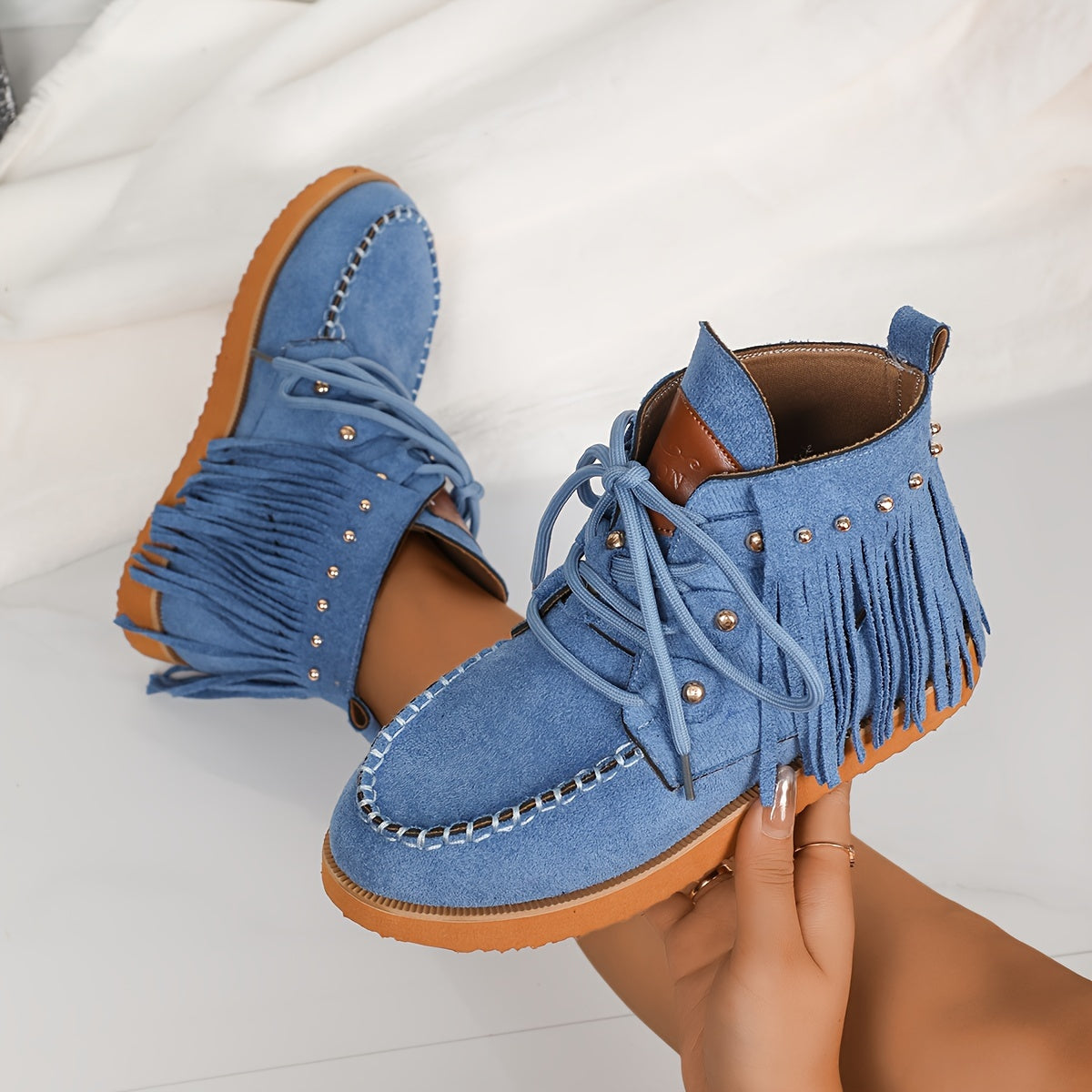 Women's Nubuck Velvet Ankle Boots with Tassel Trim Non-Slip Warm Flats