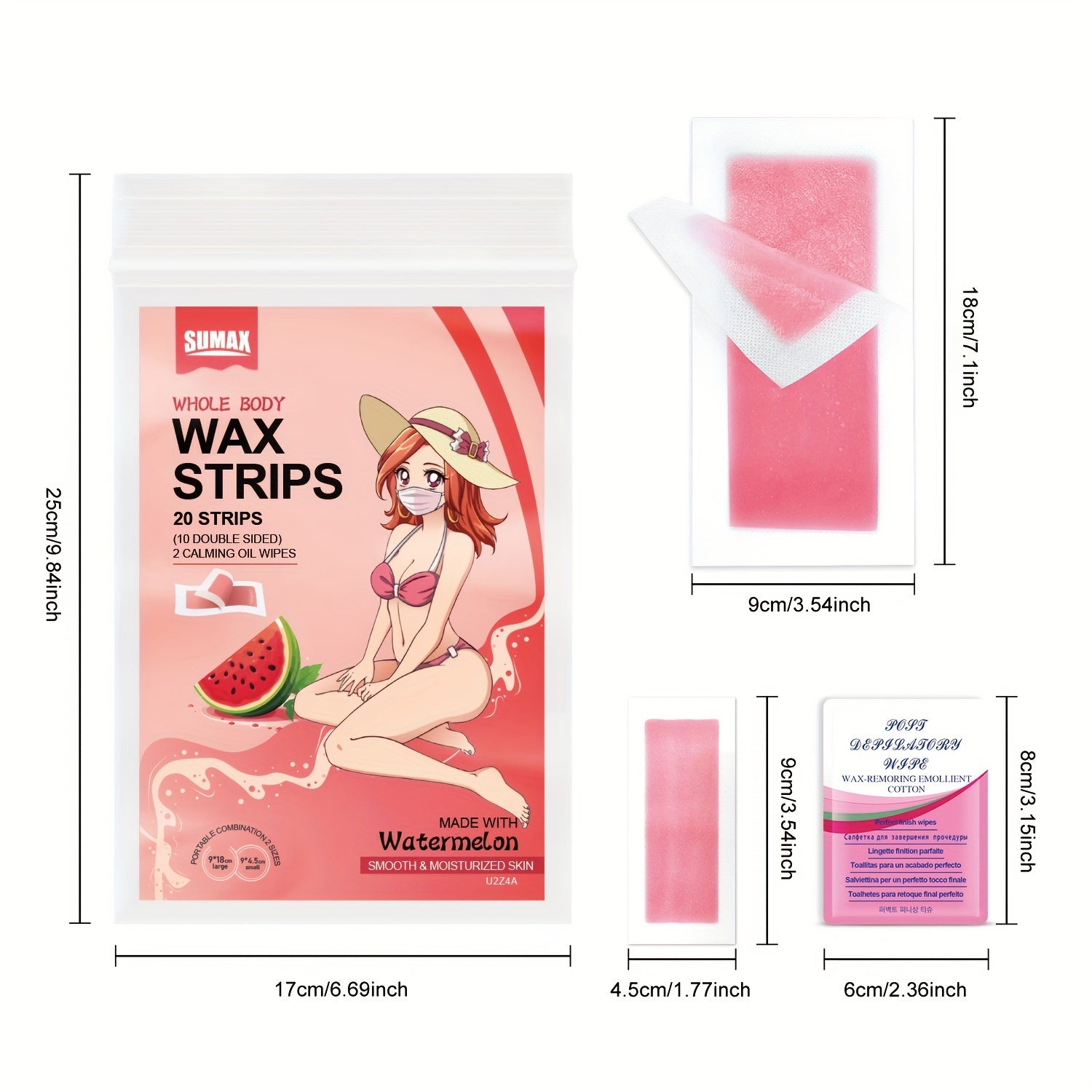 Set de tiras de cera con aroma a sandía para eliminación de vello en todo el cuerpo, tamaños grandes y pequeños con toallitas húmedas