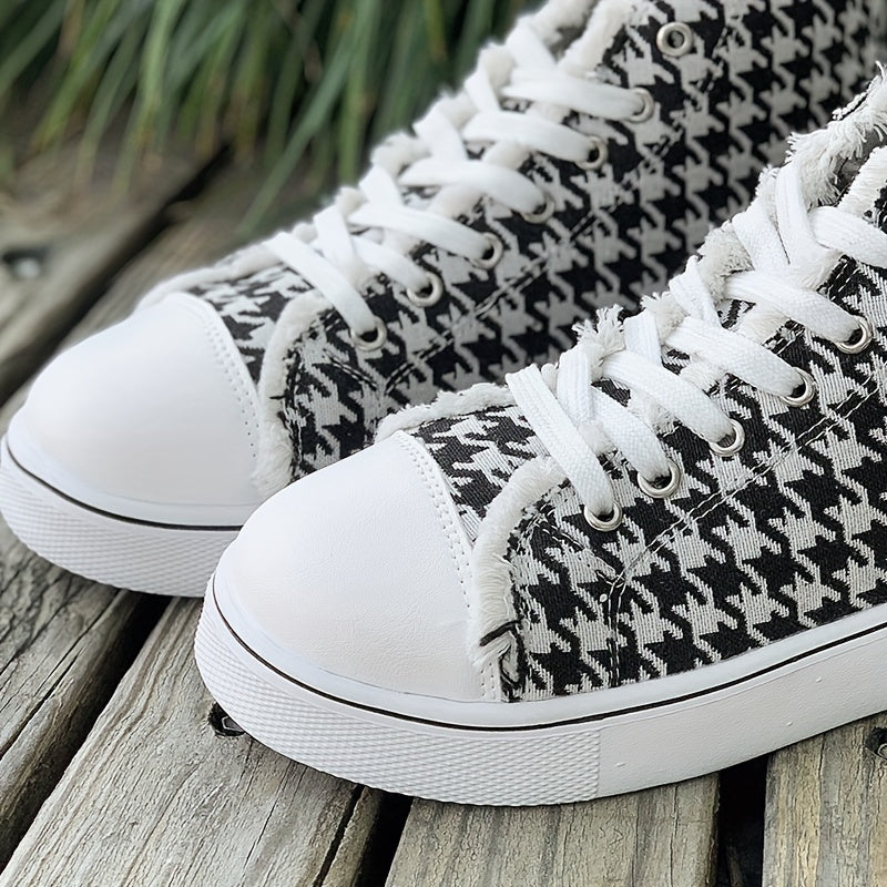 Women's Houndstooth Pattern High-Top Sneakers Black and White Fabric