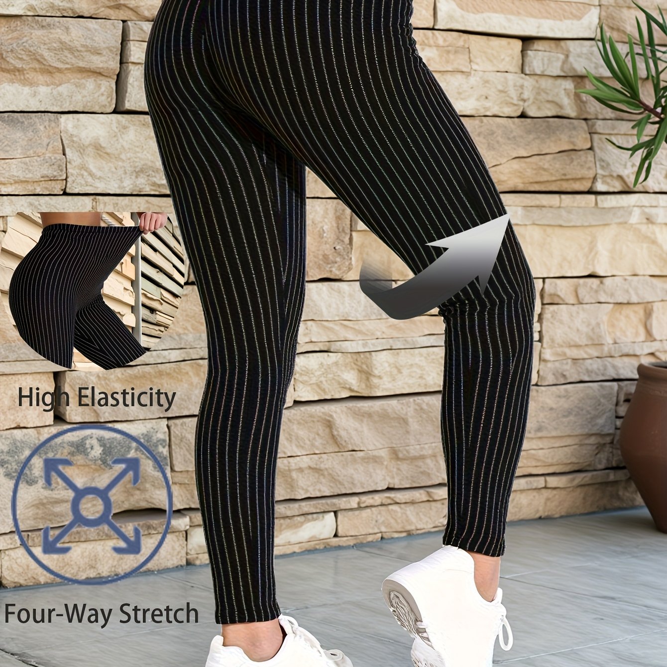 Women's Plus Size High-Waisted Striped Yoga Leggings Stretchy Knit Black Blue