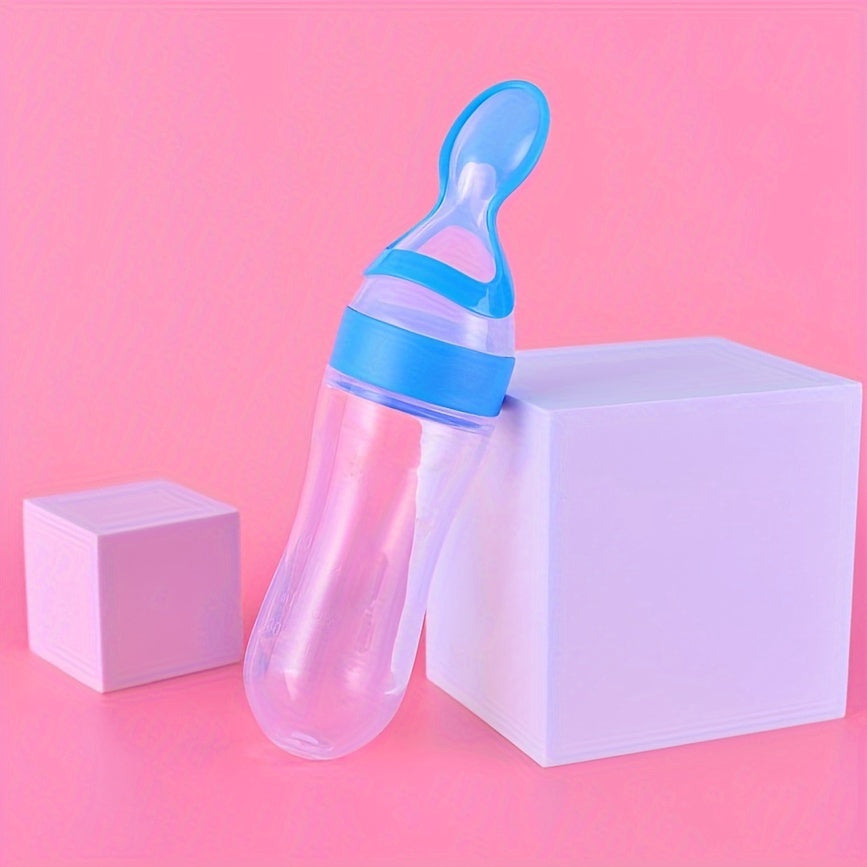 Silicone Baby Feeding Bottle with Spoon for Food and Medicine Dispensing 0+ Blue Green Pink