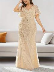 Plus Size Women's Beige V-Neck Long Sleeve Evening Gown Formal Dress